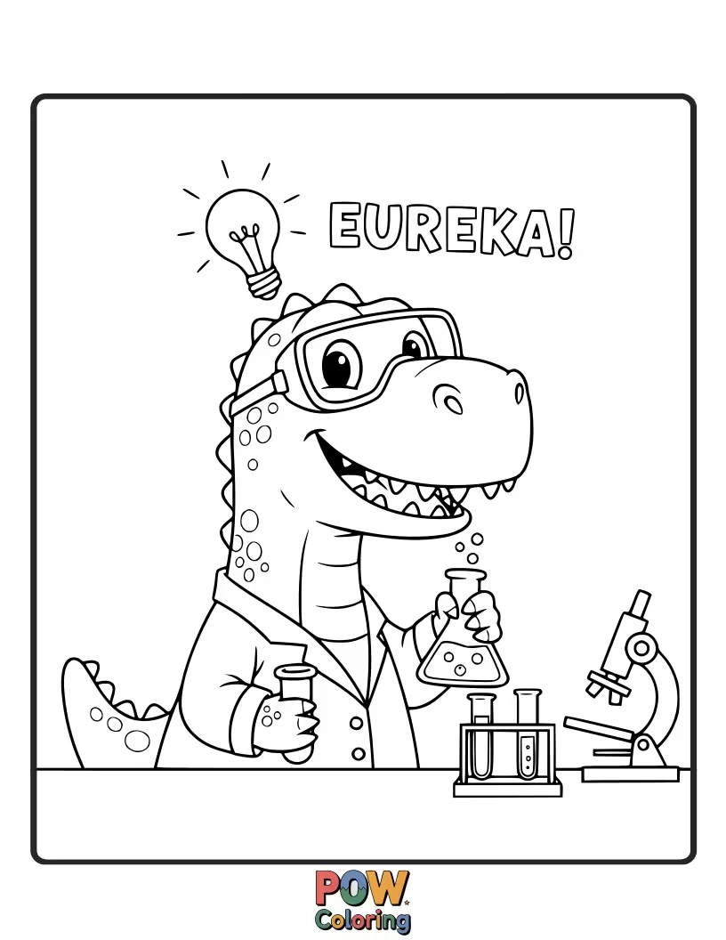 Free coloring page of A Triceratops is looking thrilled at a bubbling beaker, a "Eureka!" moment.