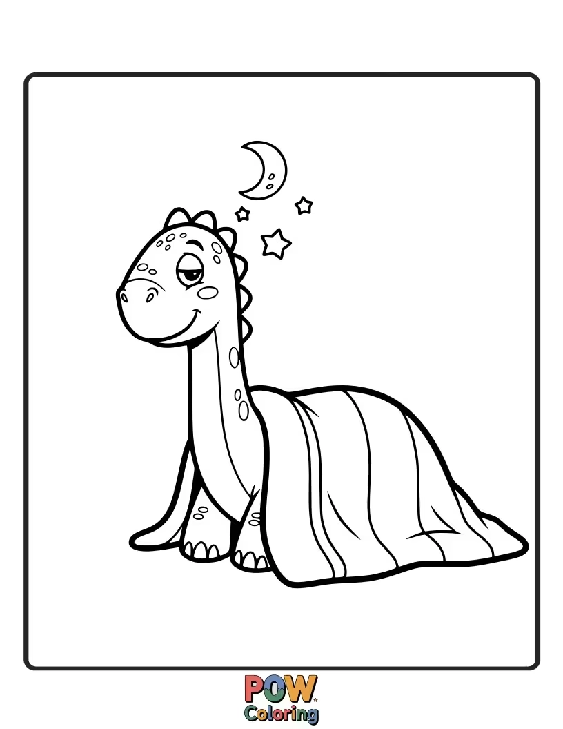 Free coloring page of A gentle giant Brontosaurus is trying to nap under a ridiculously small umbrella.