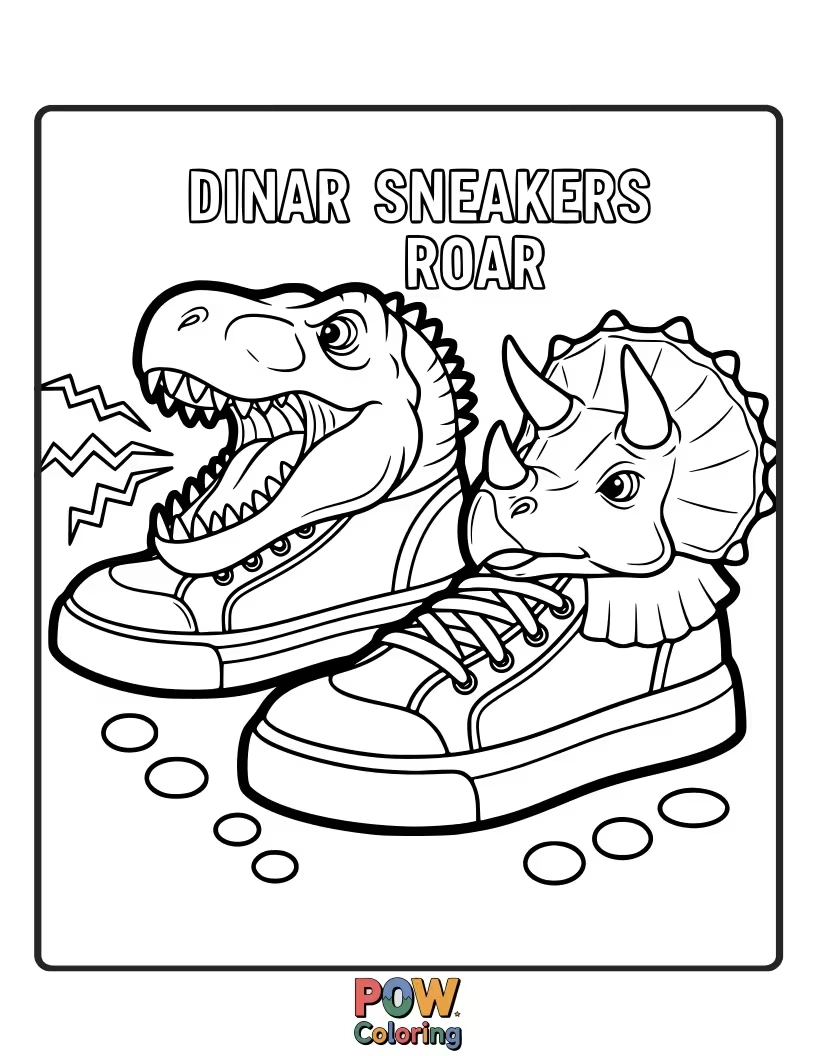 Free coloring page of The two different sneakers were with a dino roar in it.
