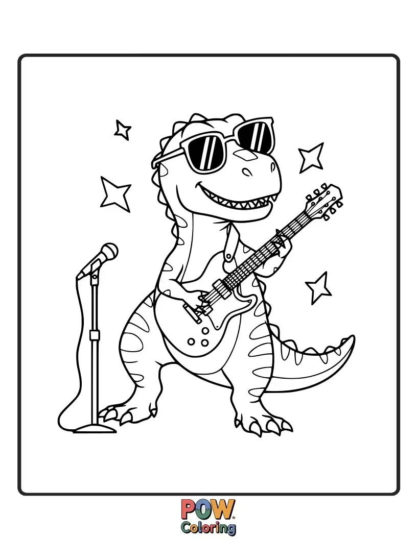 Free coloring page of A cool dinosaur sporting trendy sunglasses, ready to rock out with prehistoric flair.