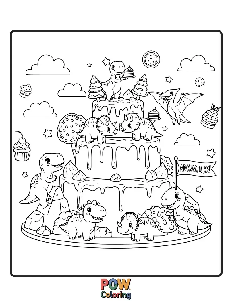 Free coloring page of Roaring dinosaur cakes in fun, friendly poses, ready to explore a prehistoric landscape.