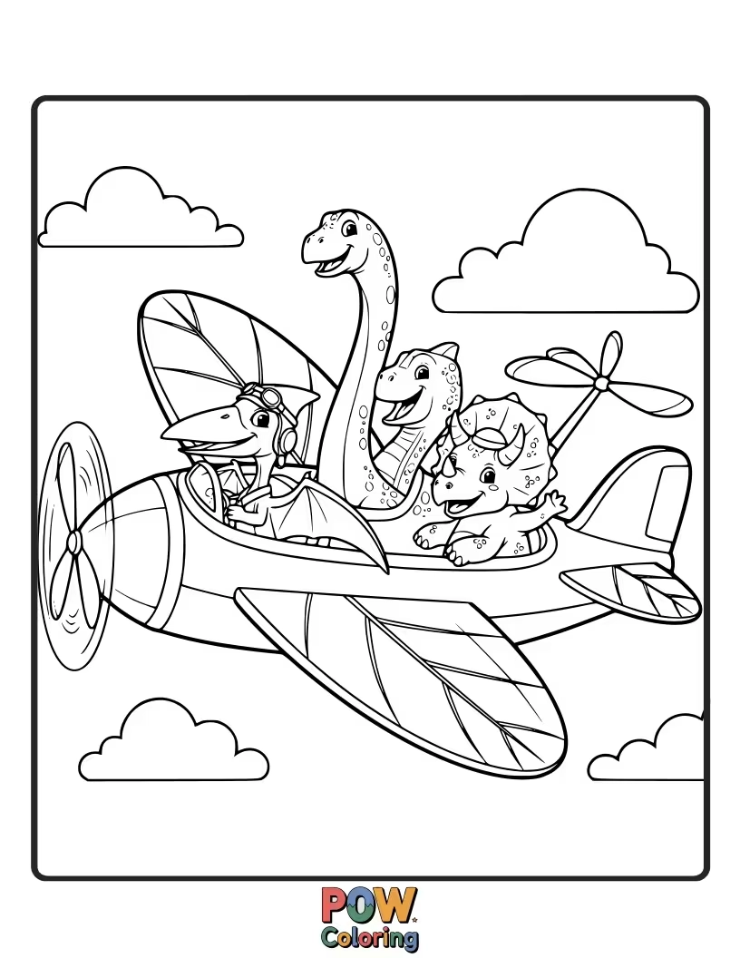 Free coloring page of A friendly airplane with dinosaur-shaped wings and a gentle roar, flying alongside smiling baby dinosaurs.