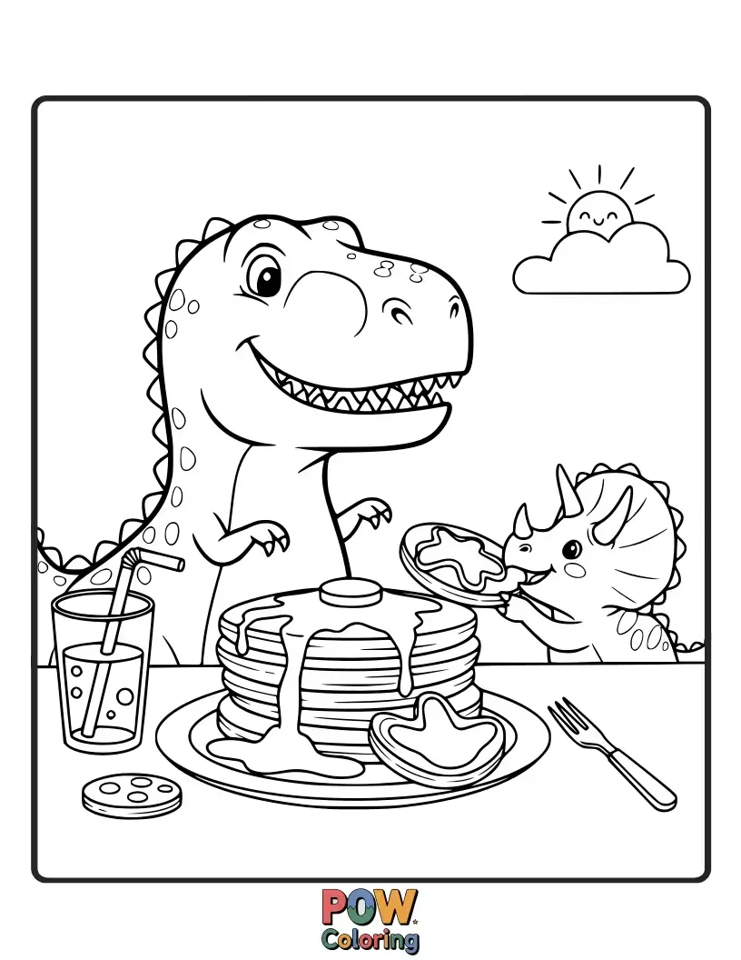 Free coloring page of Cute, friendly dinosaur characters happily munching on stacks of pancakes, roaring with delight.