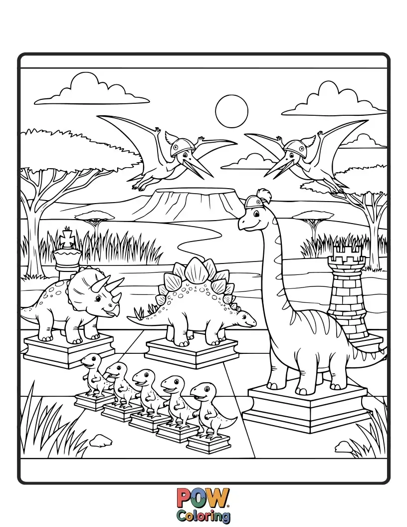 Free coloring page of A T-Rex and a Triceratops playing a friendly game of chess amidst prehistoric jungle foliage.