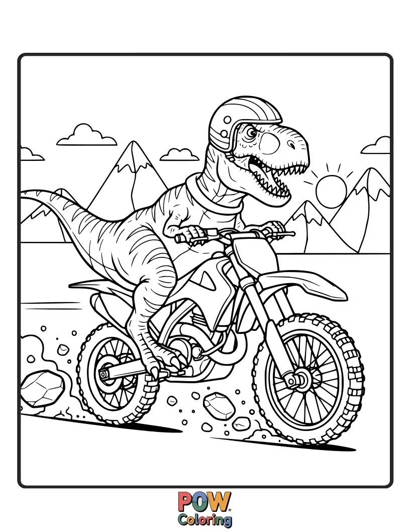 Free coloring page of A dirt bike racing alongside friendly dinosaurs through a prehistoric jungle.