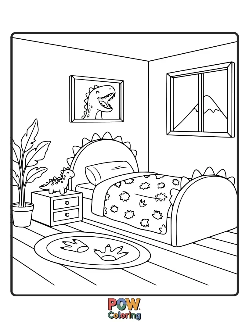 Free coloring page of Friendly cartoon dinosaurs roam amongst volcano lamps and fossil decorations in this prehistoric paradise.