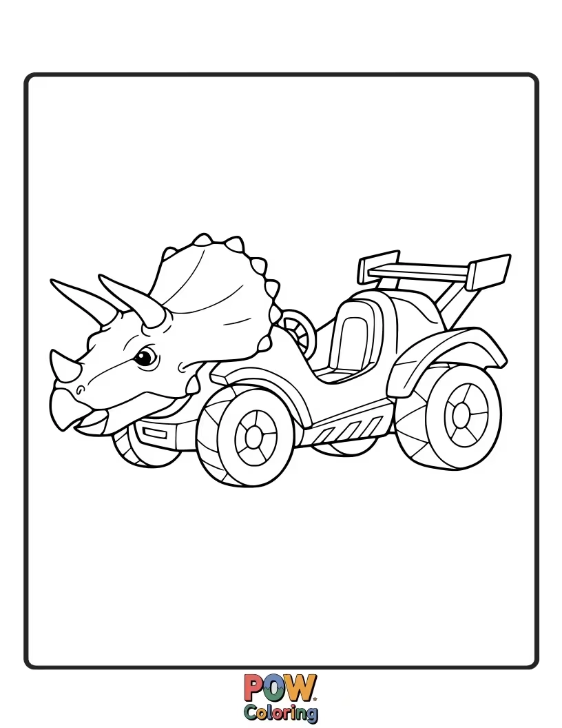 Free coloring page of A thrilling race car that looks like a friendly dinosaur, exploring prehistoric landscapes.