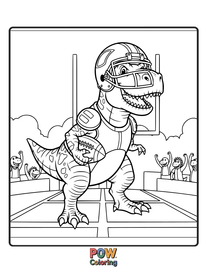Free coloring page of A friendly, smiling dinosaur wearing a football helmet and holding a trophy. Roaring with victory and cuteness.