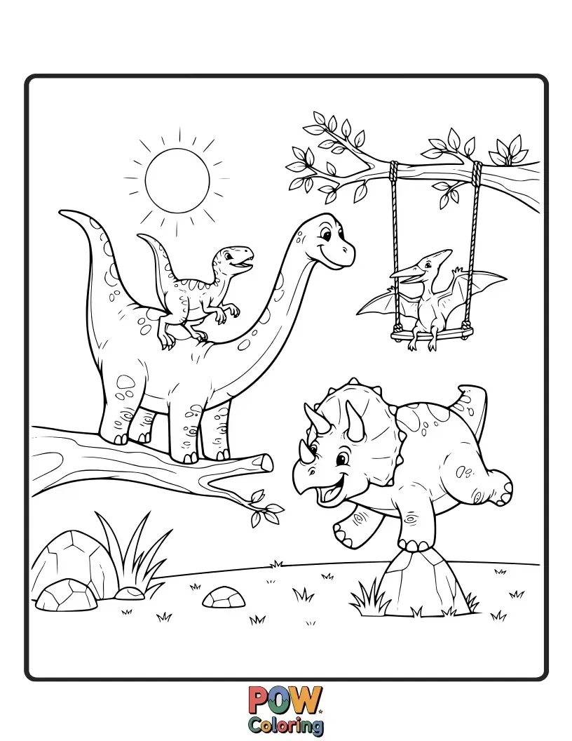 Free coloring page of A T-Rex attempting a graceful cartwheel and a Pterodactyl soaring through a floor routine, all in a prehistoric gym setting.