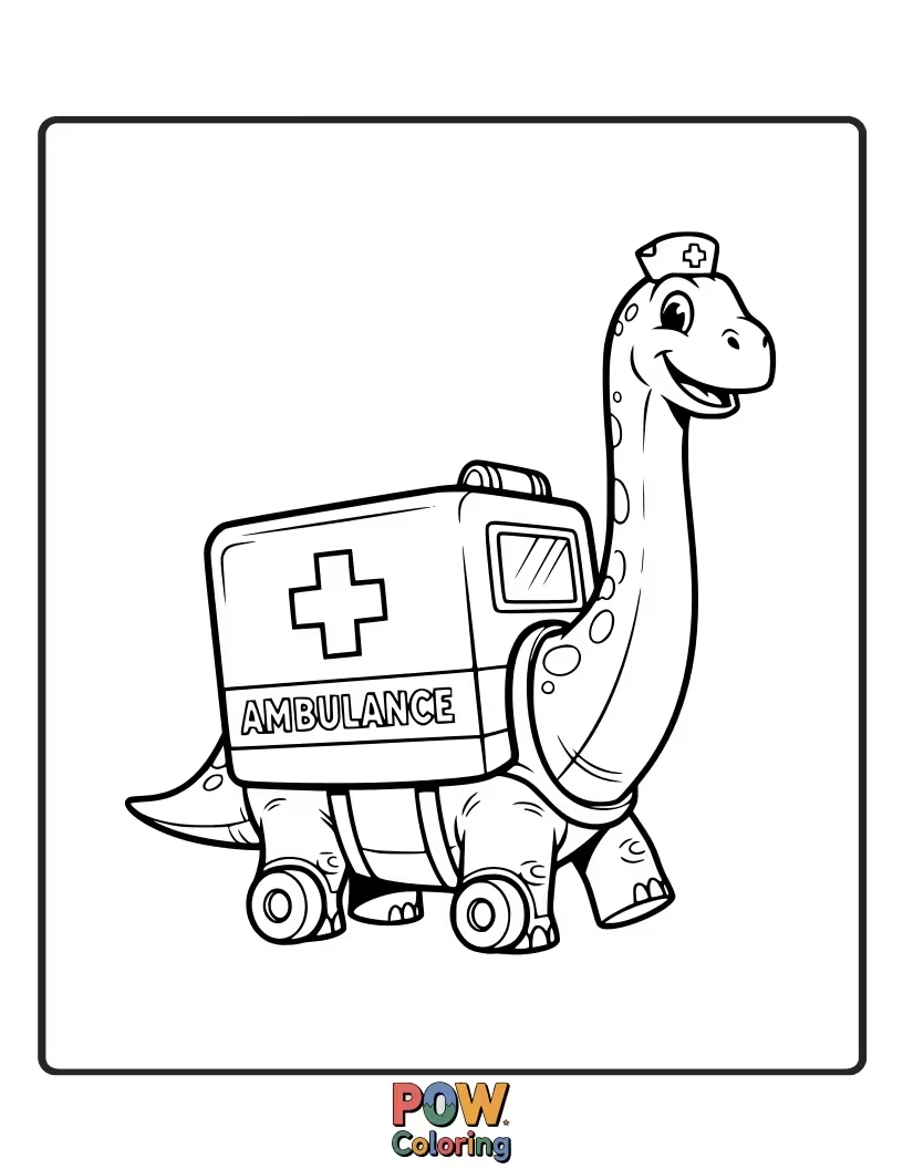 Free coloring page of A gentle dinosaur with a friendly smile, transformed into a sturdy ambulance for prehistoric emergencies.