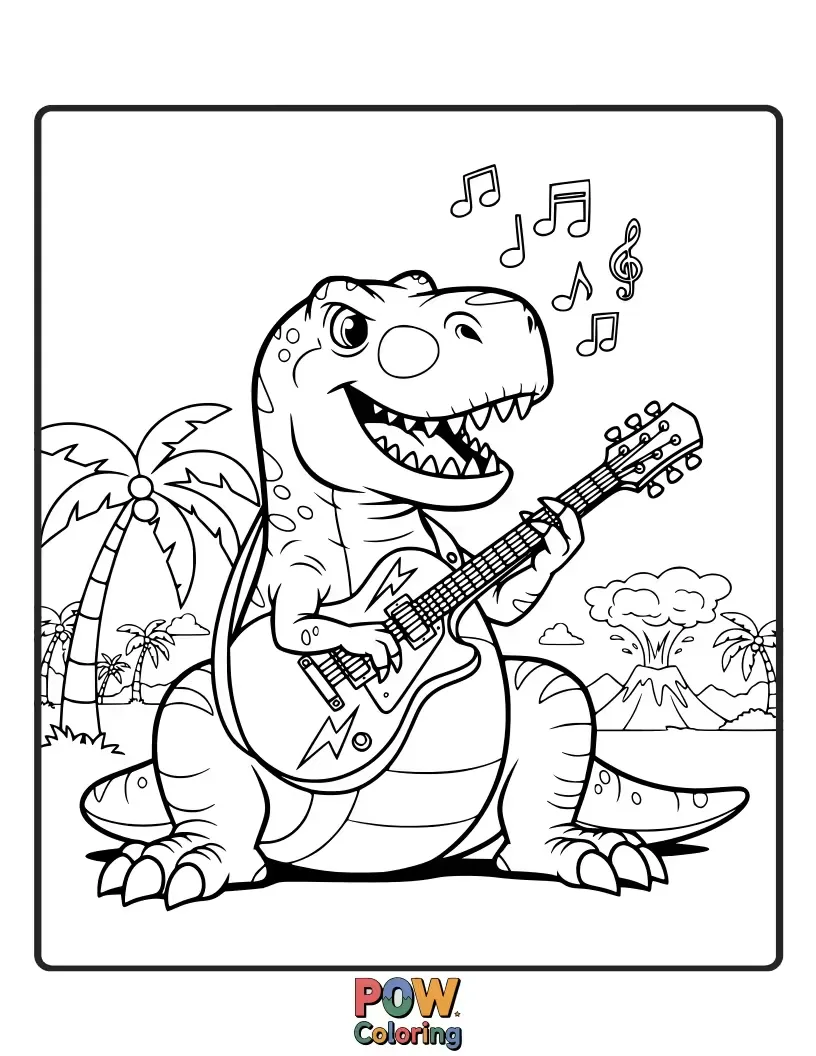 Free coloring page of A friendly dinosaur strumming a giant guitar, ready for a prehistoric rock concert.
