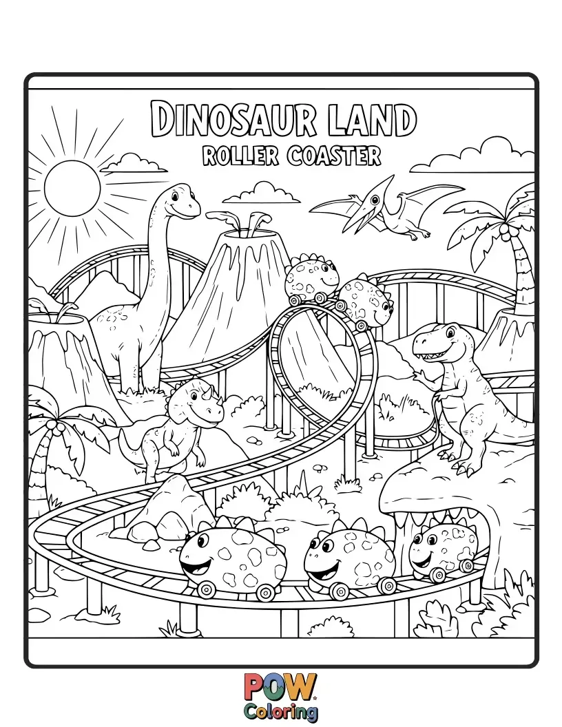 Free coloring page of Roar into action with a dinosaur-shaped roller coaster exploring a prehistoric landscape filled with volcanoes.
