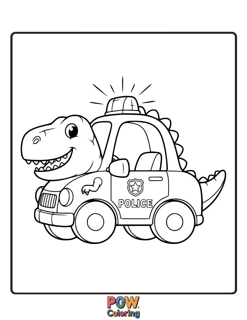 Free coloring page of Dinosaur police car, roaring into action with tiny arms, bravely protects its prehistoric beat!