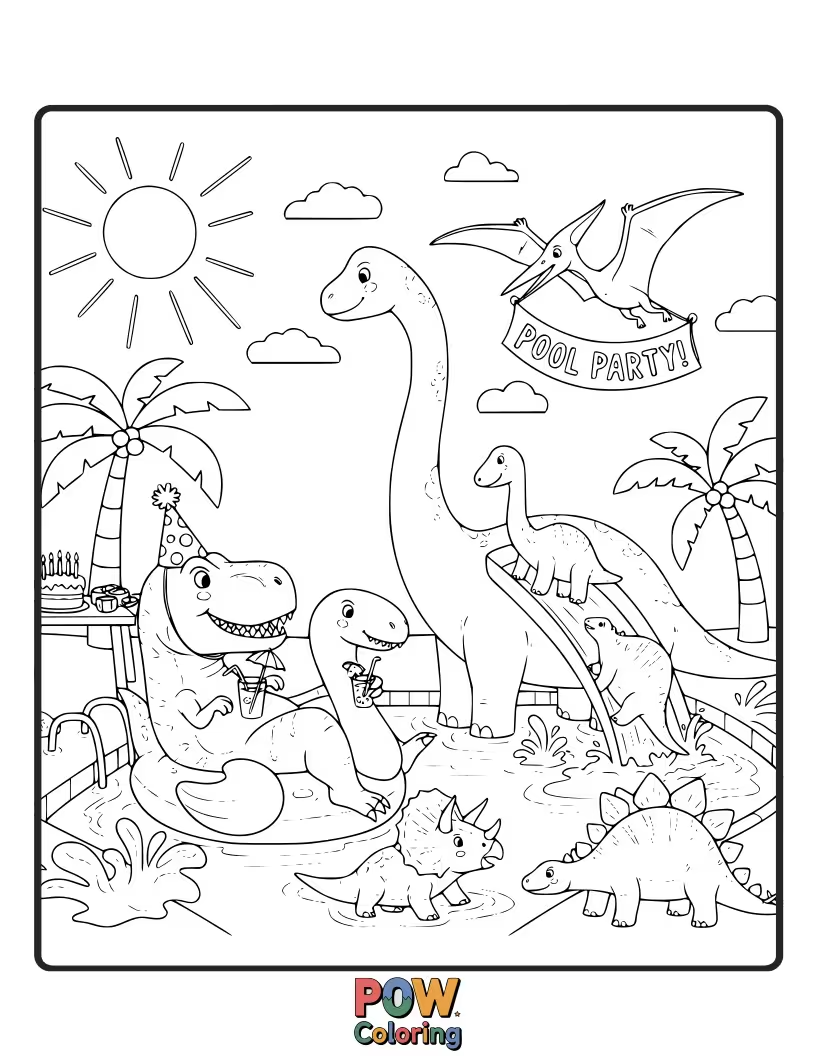 Free coloring page of A T-Rex and a Stegosaurus wear silly swimsuits and goggles, having a roaring good time swimming in a pool.
