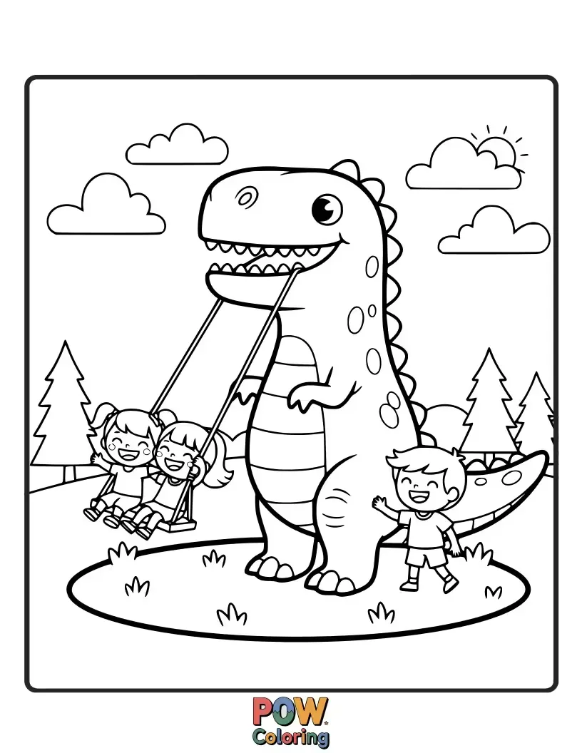 Free coloring page of A tiny human rides on the back of a gentle, smiling dinosaur, which is swinging playfully on a vine.