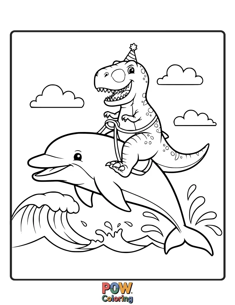 Free coloring page of Imagine this! A dolphin gives a tiny dinosaur a cheerful ride on its back.