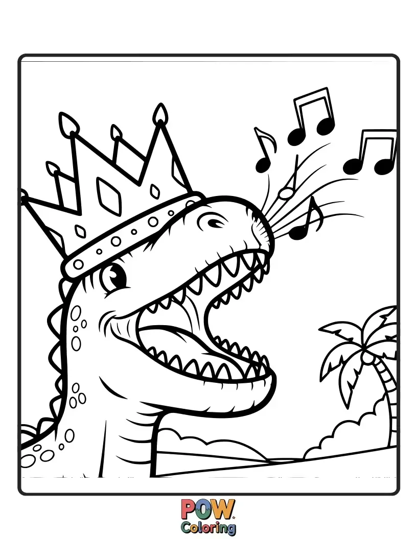 Free coloring page of A fierce yet friendly crown featuring playful dinosaur silhouettes and tiny volcanic peaks.