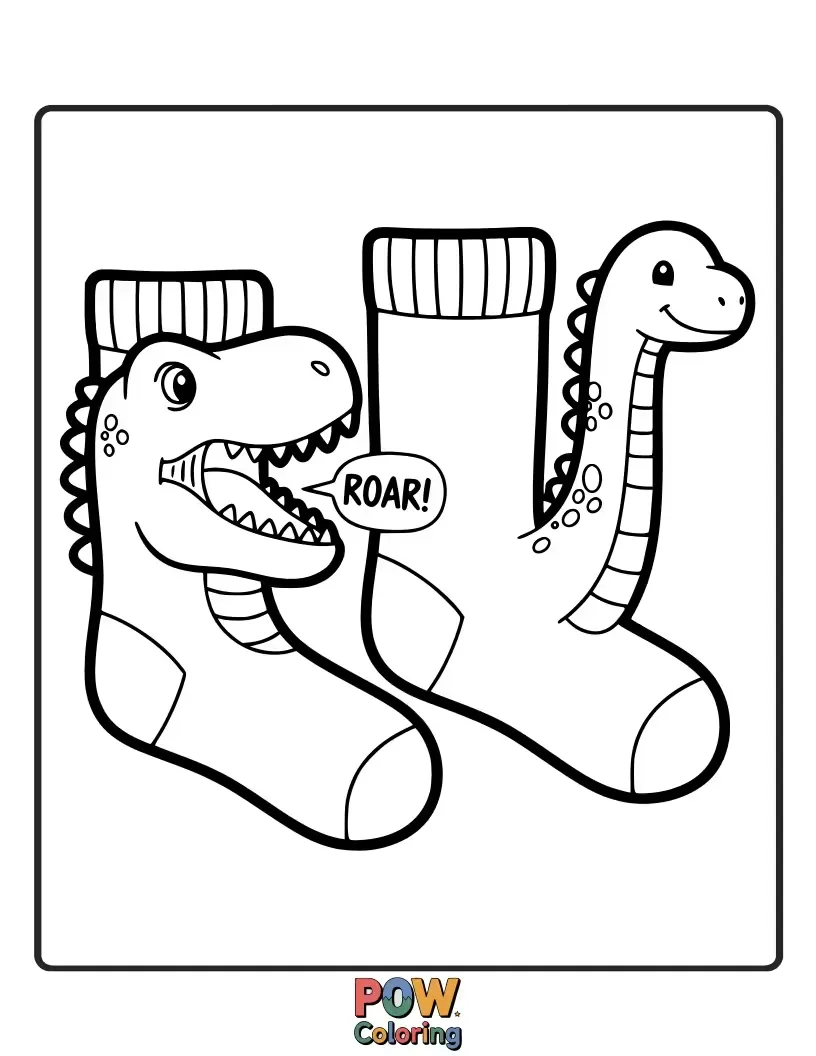 Free coloring page of Stomp into coloring fun with these fierce yet friendly dinosaur socks, complete with volcanoes and palm trees.