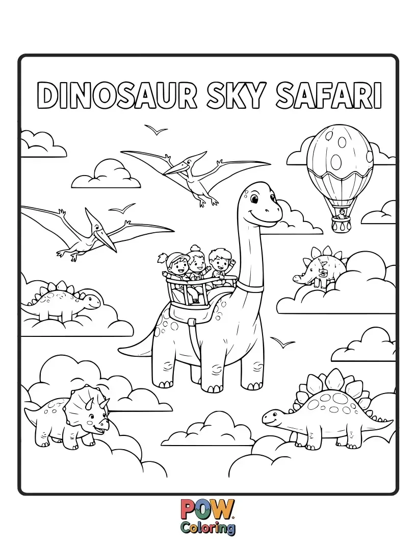 Free coloring page of Friendly dinosaurs ride in hot air balloons, looking at the world from above. A prehistoric adventure awaits!