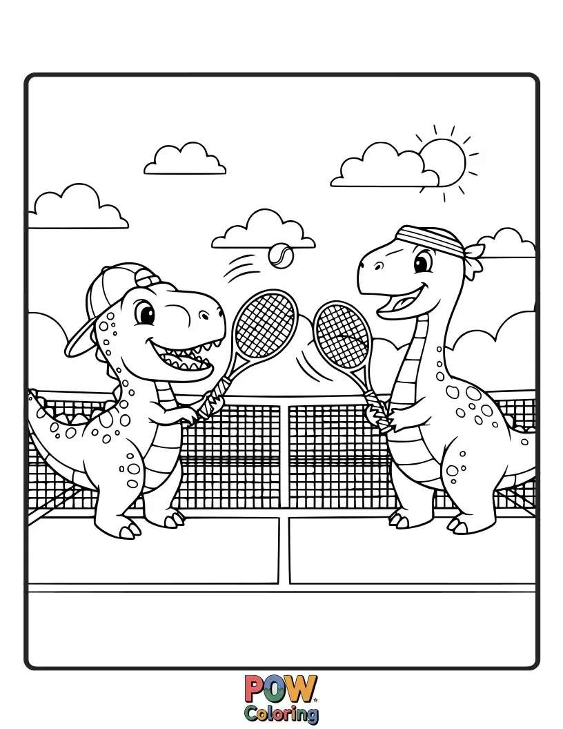Free coloring page of Two different dinosaur species happily playing a friendly game of tennis together on a prehistoric court.