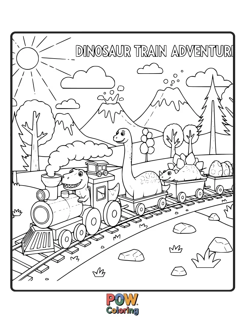 Free coloring page of A friendly dinosaur driving a train filled with prehistoric passengers. Imagine roaring colors for this adventurous prehistoric journey.