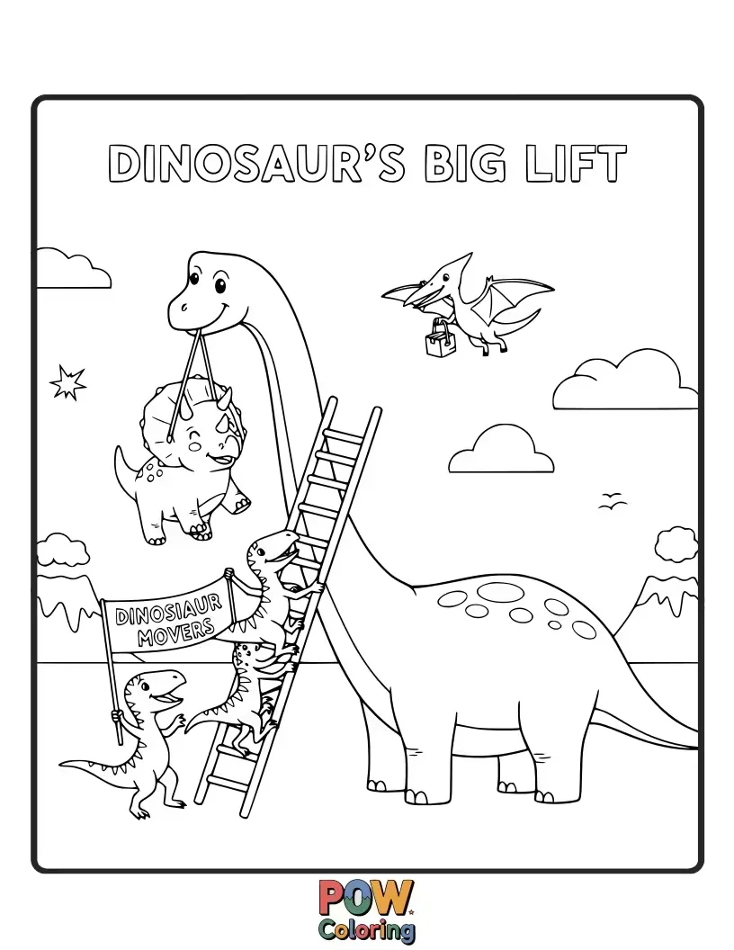 Free coloring page of A friendly T-Rex attempting to lift a comically oversized dumbbell with a determined, smiling expression and sweat droplets.