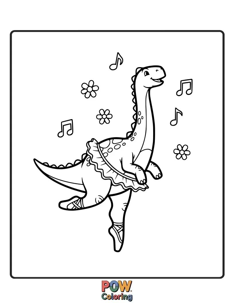 Free coloring page of A gentle dinosaur with a feathered tutu attempts a shy plié, surprisingly light on its colossal feet. Prehistoric pirouettes!