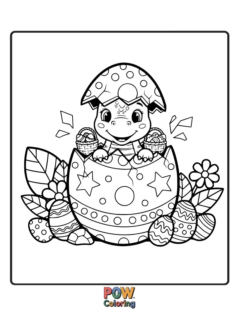 Free coloring page of A friendly, cartoon dinosaur carefully guarding a giant, rainbow-colored Easter egg.