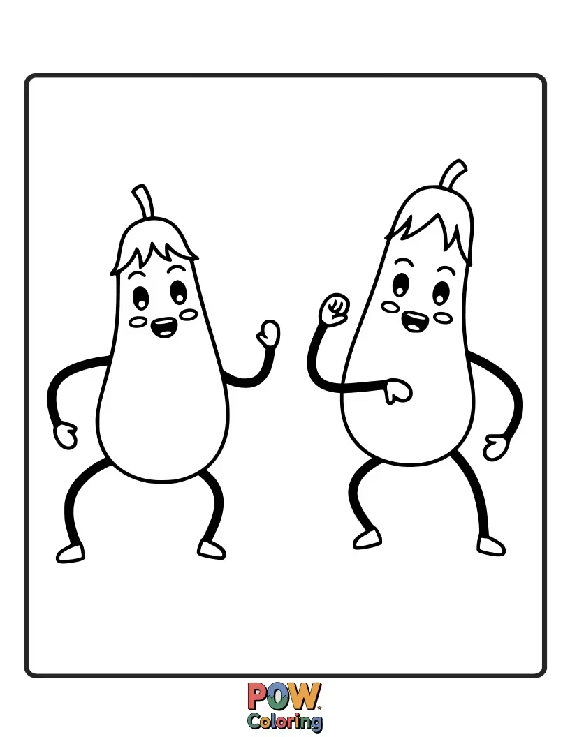Free coloring page of Glamorous eggplants grooving under a disco ball, complete with sparkling outfits and funky hairstyles.