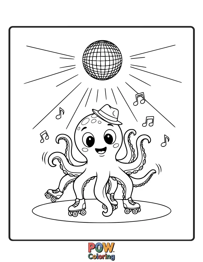 Free coloring page of An octopus with a sequined vest and groovy moves, busting out some moves on a shimmering dance floor.