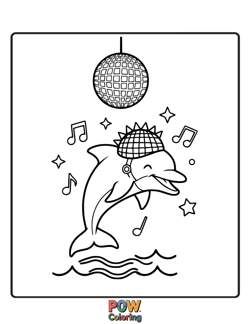 Free coloring page of Get your groove on with this dolphin busting out some moves on a disco ball.