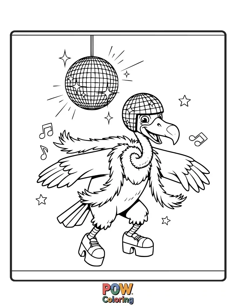 Free coloring page of A fashionable vulture in groovy disco attire, striking a pose on a sparkling dance floor with a mirrorball.