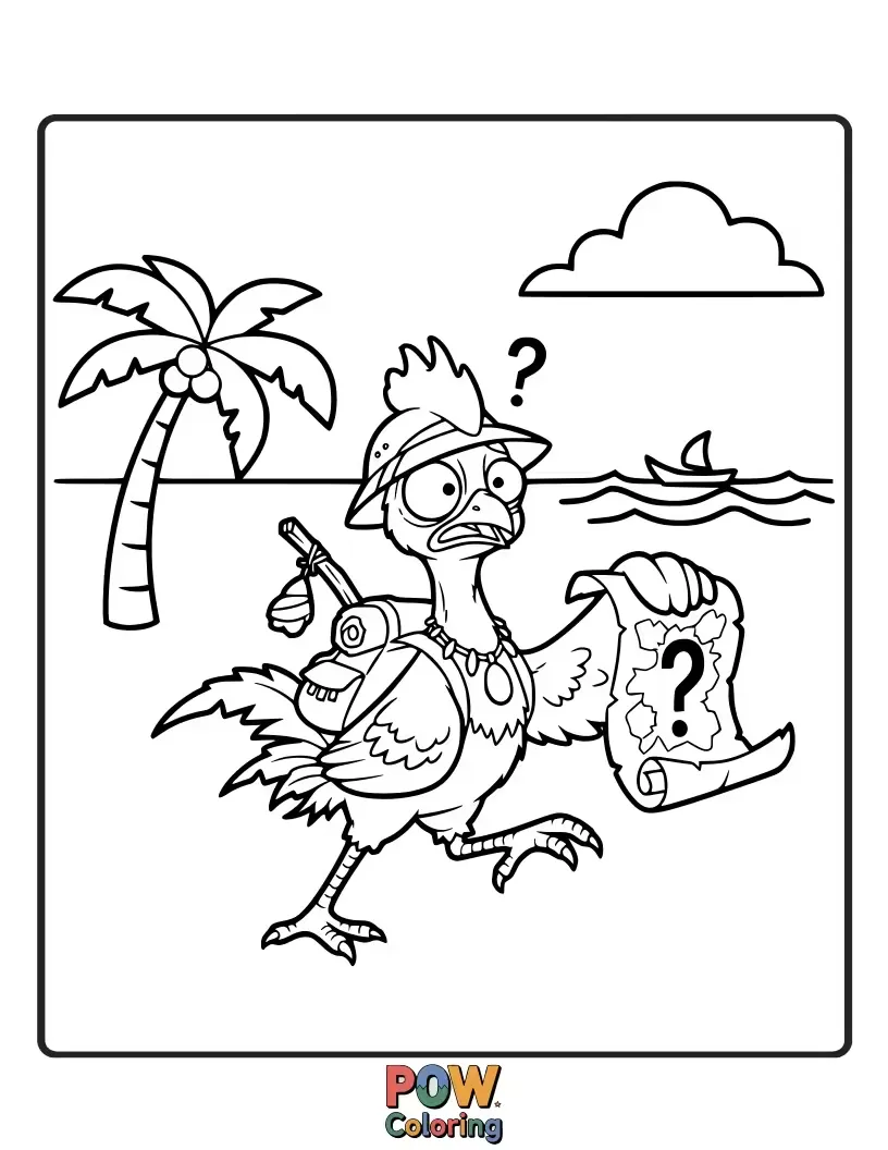 Free coloring page of Heihei is comically trying to eat a cloud, his head tilted in utter bewilderment. A funny and unique scenario.