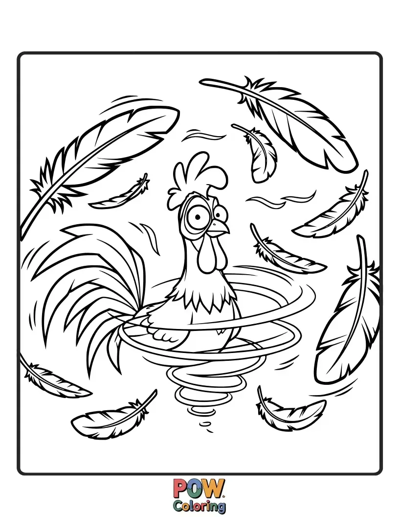 Free coloring page of Heihei is comically tangled in his own loose feathers, creating a fluffy, funny mess. A delightful depiction of his clumsiness.
