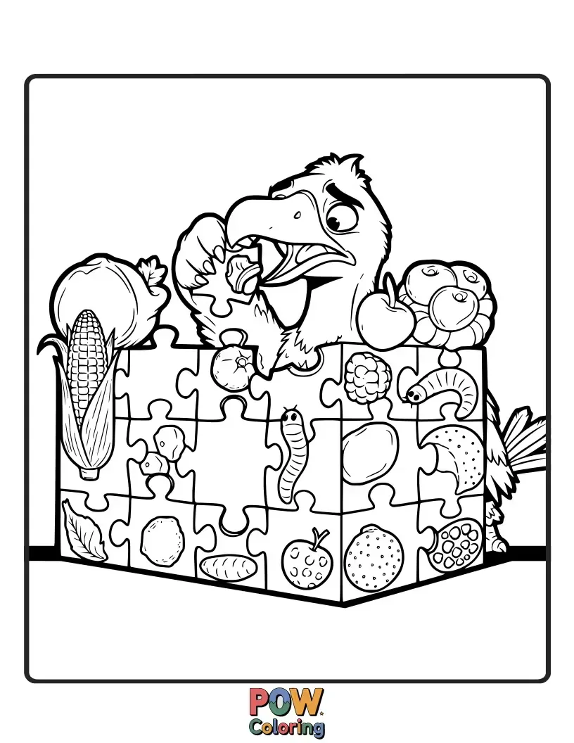 Free coloring page of Heihei is comically trying to peck at a nonsensical object, his confusion evident. A funny visual gag for kids.