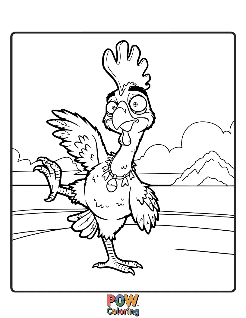 Free coloring page of Clumsy Heihei the rooster strikes a comically awkward pose, his beak agape in surprise. A guaranteed giggle-inducer for any coloring session.