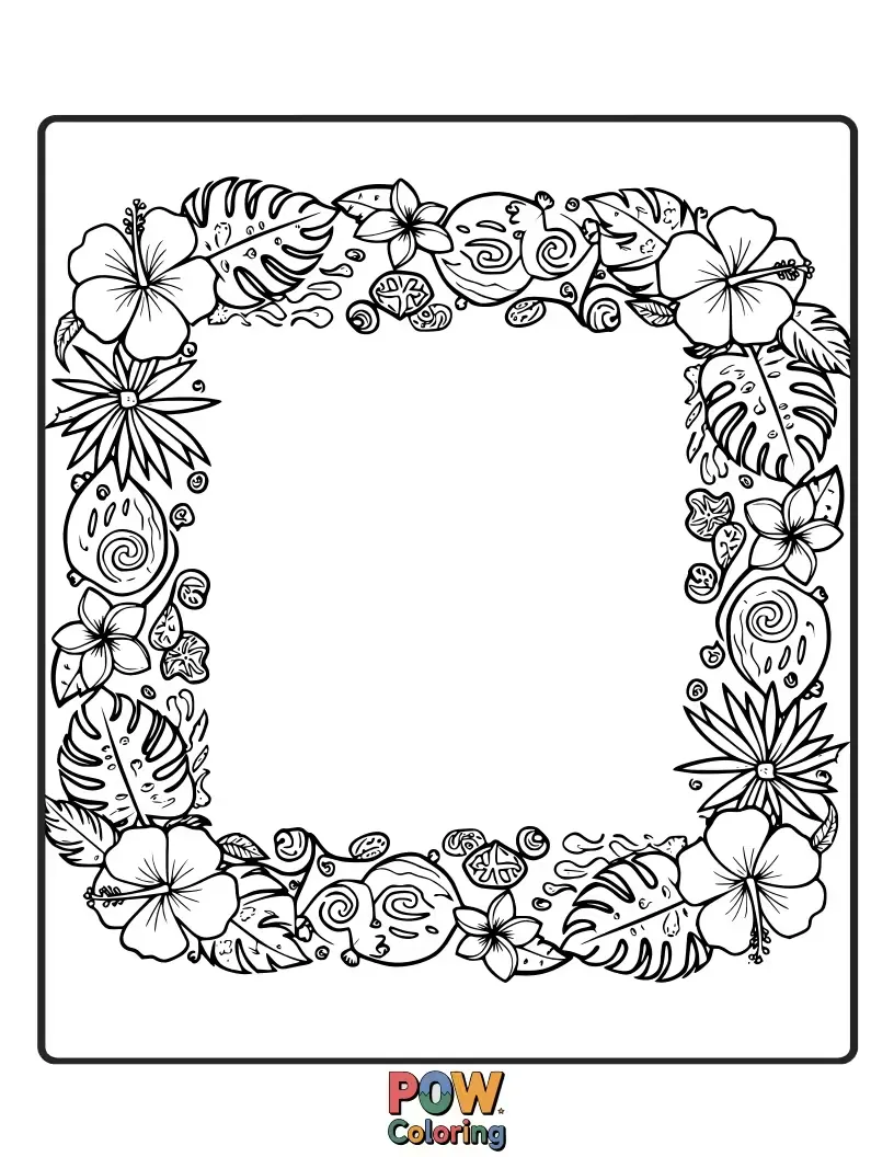 Free coloring page of A coloring page featuring intricate floral and leaf borders inspired by the island flora, with a small Moana silhouette.