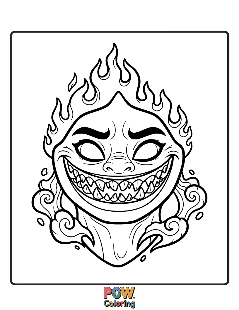 Free coloring page of The initially fearsome Te Kā is shown with a surprisingly friendly, albeit mischievous, grin, before transforming.