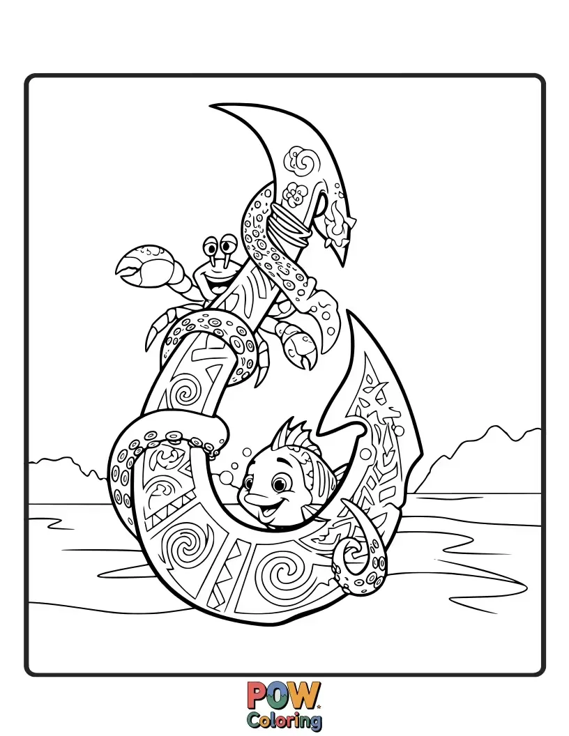 Free coloring page of Maui proudly wields his magical fish hook, ready for any adventure. A dynamic pose showcasing his legendary weapon.