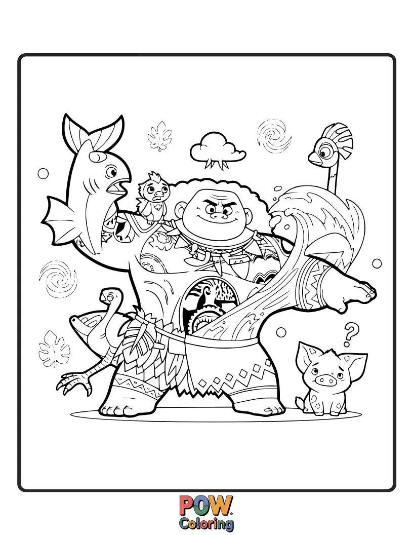 Free coloring page of Maui transforms into a few of his iconic animal forms – hawk, shark, rhinoceros – in a whimsical collage.