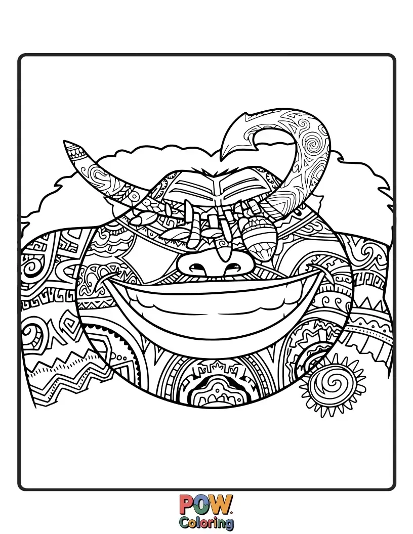 Free coloring page of Maui flashes his signature cheeky grin, his intricate tattoos gleaming with mischief. A fun design featuring his iconic chest and arm art.