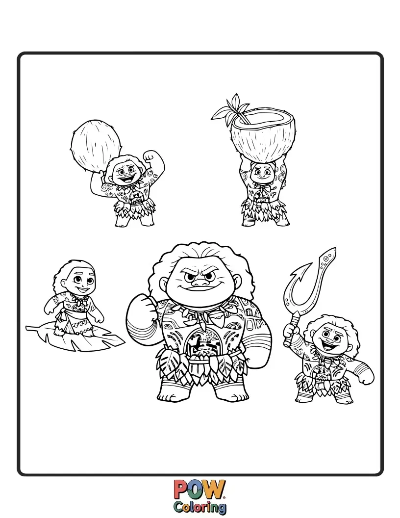 Free coloring page of A collection of miniature Maui's in various poses and animal forms, perfect for a detailed coloring spree.