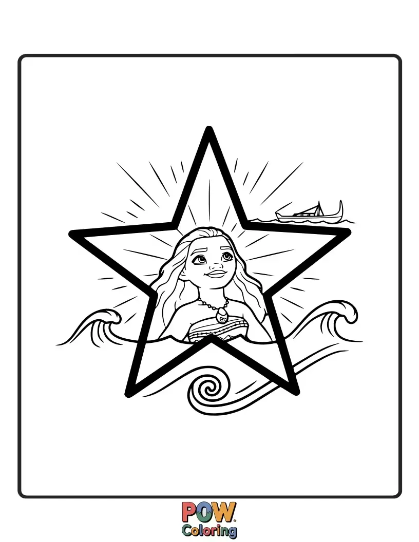 Free coloring page of Moana gazes up at a bright, guiding star, symbolizing her destiny and courage. A beautiful, inspirational illustration.