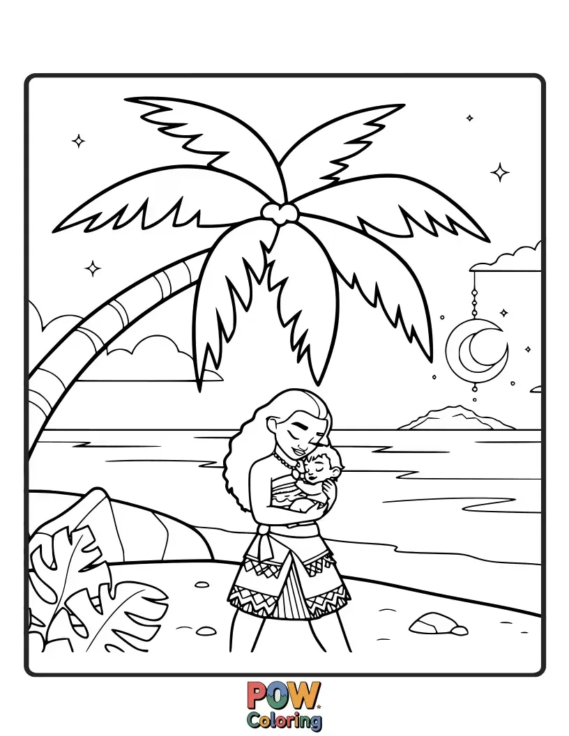 Free coloring page of Moana gently sings to a baby turtle by the shore, surrounded by moonlight. A tender and heartwarming moment.