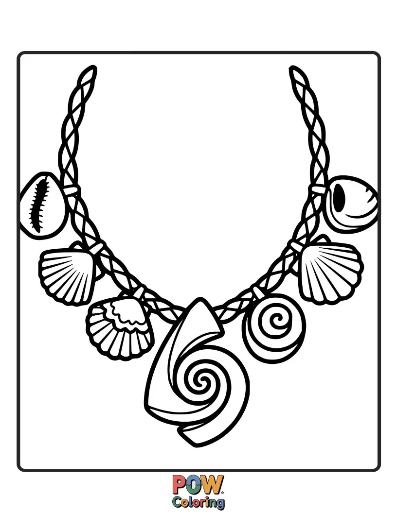 Free coloring page of Moana proudly wears her special seashell necklace, a symbol of her heritage and courage. A close-up, detailed, and beautiful portrait.