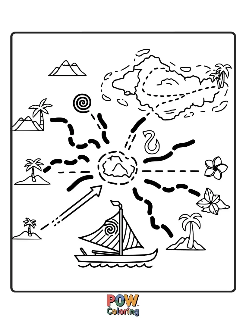 Free coloring page of A stylized map of Moana's voyage, complete with islands, ocean currents, and decorative elements for coloring.