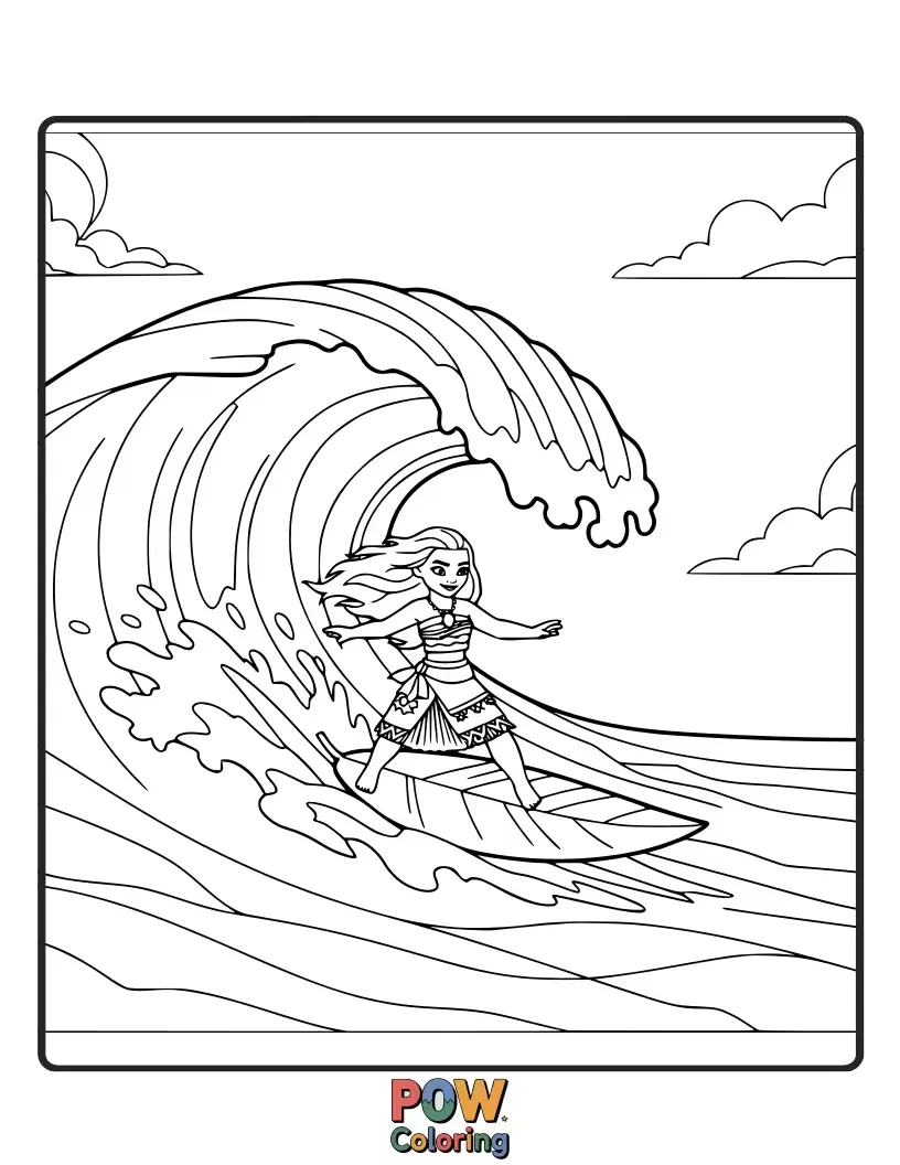 Free coloring page of Moana joyfully surfs a majestic wave, her spirit of adventure shining bright. Capture the exhilarating freedom of her ocean journey.