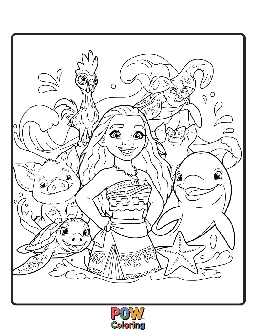 Free coloring page of Moana makes friends with a playful dolphin and a curious turtle in the vibrant ocean. A scene of harmony and adventure.