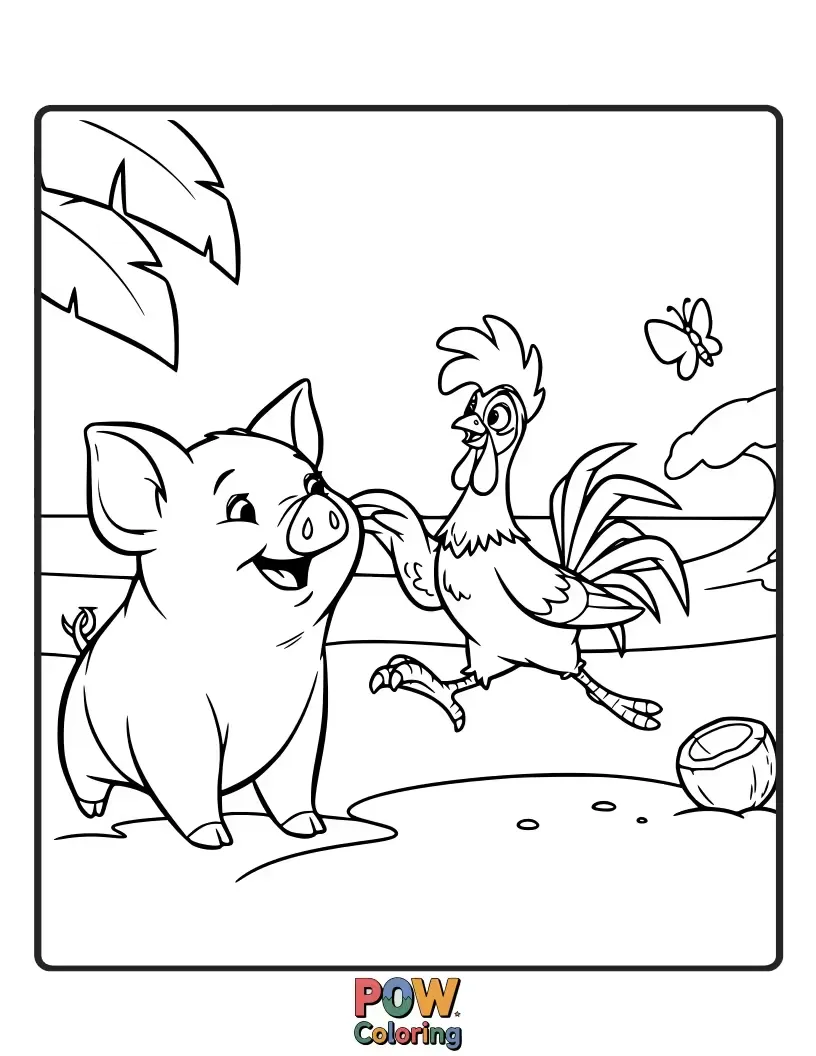 Free coloring page of Pua and Heihei engage in a silly game of chase, their playful antics captured. A guaranteed smile-inducer.