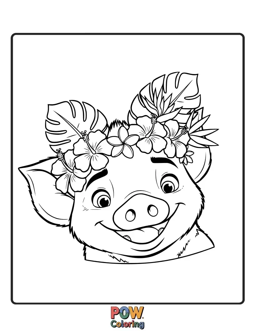 Free coloring page of Adorable Pua the pig sports a vibrant floral crown, his eyes wide with innocent joy. A sweet and simple design for little artists.